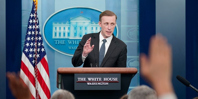National Security Adviser Jake Sullivan speaks during a press briefing at the White House March 22, 2022, in Washington. 