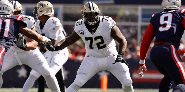 New Orleans Saints offensive tackle Terron Armstead looks to block against the New England Patriots during an NFL football game Sept. 26, 2021, in Foxborough, Mass.