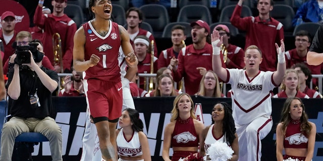 Arkansas guard JD Notae (1) celebrates during the second half of a college basketball game against Gonzaga in the Sweet 16 round of the NCAA tournament in San Francisco, Thursday, March 24, 2022.