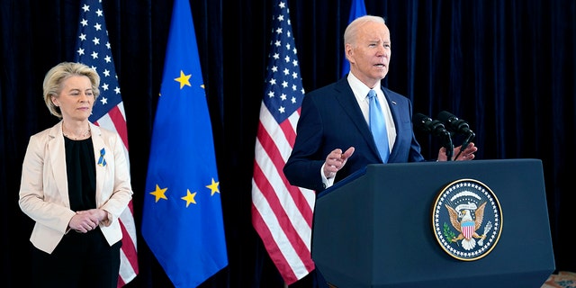 President Joe Biden and European Commission President Ursula von der Leyen talk to the press about the Russian invasion of Ukraine, at the U.S. Mission in Brussels, Friday, March 25, 2022, in Brussels.