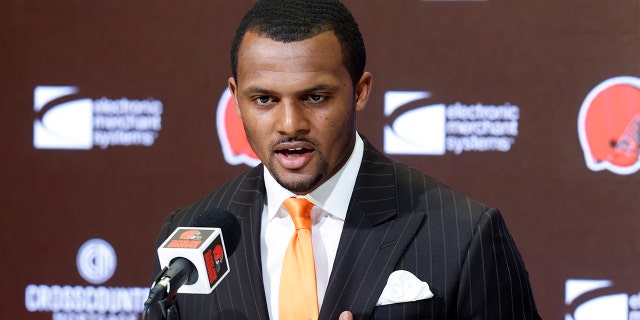 Cleveland Browns new quarterback Deshaun Watson speaks during a news conference at the NFL football team's training facility, Friday, March 25, 2022, in Berea, Ohio.