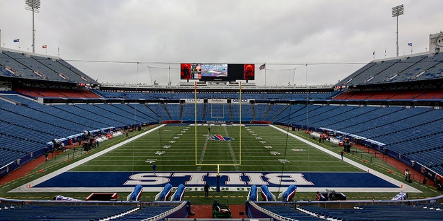 FILE - The field is prepared at Highmark Stadium before an NFL football game between the Buffalo Bills and the Carolina Panthers, Dec. 19, 2021, in Orchard Park, N.Y. The Bills moved closer to landing $200 million in NFL funding to help finance their bid to build a new stadium, a person with direct knowledge of the situation told The Associated Press on Friday, March 25, 2022. (AP Photo/Joshua Bessex, File)