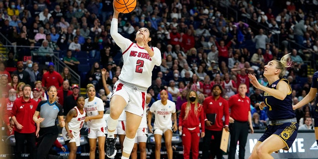 North Carolina State guard Raina Perez goes to the basket for a shot against Notre Dame in the Sweet Sixteen round of the NCAA women's tournament, Saturday, March 26, 2022, in Bridgeport, Conn.