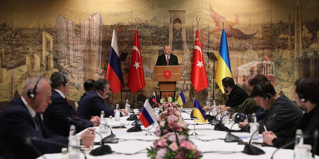 Turkish President Recep Tayyip Erdogan welcomes the Russian and Ukrainian delegations ahead of their talks, in Istanbul, Turkey, Tuesday, March 29, 2022.