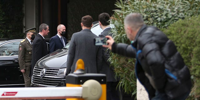 Members of the Ukrainian delegation leave their hotel before the Russia-Ukraine talks start in Istanbul, Tuesday, March 29, 2022. Turkish President Recep Tayyip Erdogan called for a cease-fire as the Russian and Ukrainian delegations resumed their talks in Istanbul. In a speech he delivered at the start of the talks on Tuesday, Erdogan said progress in the talks could pave the way for a meeting between the two countries' leaders.