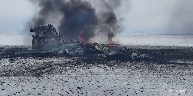Ukrainian military officials say the wreckage is the remains of a Russian air force attack plane in a field outside the town of Volnovakha in the Donetsk region of Ukraine, on this distribution photo released on March 4, 2022.  