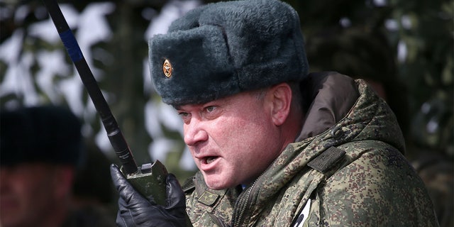 Major General Andrei Sukhovetsky, commander of the Novorossiysk guards mountain air assault division of the Russian Airborne Troops, takes part in an exercise at Opuk range in Crimea, March 19. 2021.