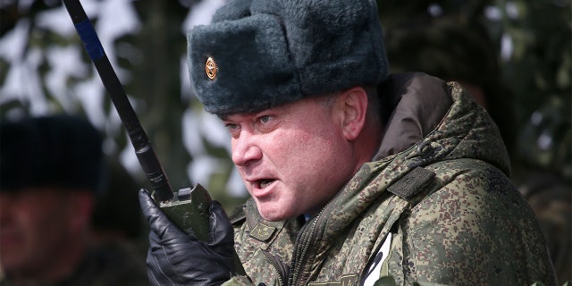 Major General Andrei Sukhovetsky, commander of the Novorossiysk guards mountain air assault division of the Russian Airborne Troops, takes part in an exercise at Opuk range in Crimea, March 19. 2021.