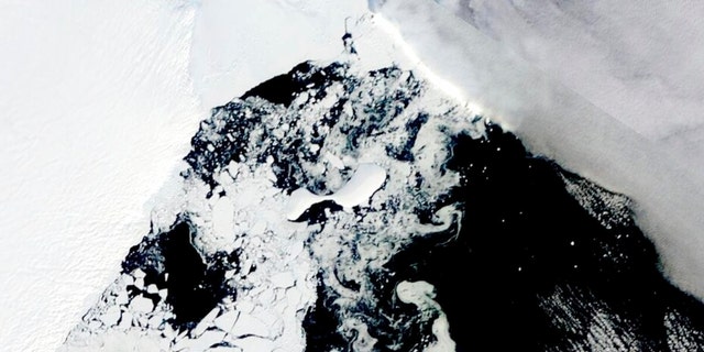This satellite image provided by NASA, Aqua MODIS 21 on March 2022 shows the two pieces of C-38 (A and B icebergs) next to the main piece of C-37 at the top.