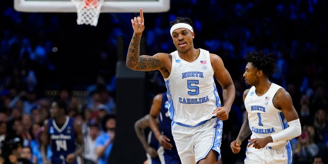North Carolina's Armando Bacot reacts during the first half of a college basketball game against St. Peter's in the Elite 8 round of the NCAA tournament, Sunday, March 27, 2022, in Philadelphia.