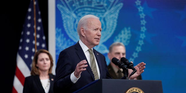 U.S. President Joe Biden speaks about assistance the U.S. government is providing to Ukraine amid Russia's invasion of the neighboring country, in the Eisenhower Office Building's South Court Auditorium at the White House in Washington, U.S., March 16, 2022.