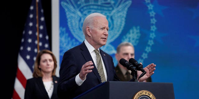 U.S. President Joe Biden speaks about assistance the U.S. government is providing to Ukraine amid Russia's invasion of the neighboring country, in the Eisenhower Office Building's South Court Auditorium at the White House in Washington, U.S., March 16, 2022.