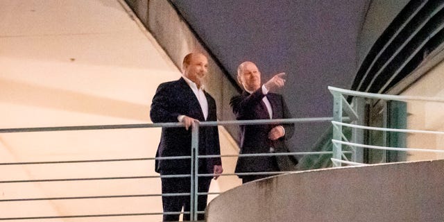 German Minister Olaf Scholz, right, stands on the side of Israeli Prime Minister Naftali Bennett at the Federal Chancellery, in Berlin, Germany, Saturday, March 5, 2022. Bennett arrived in Berlin from Moscow after a meeting with Russian President Vladimir Putin at the Kremlin. 