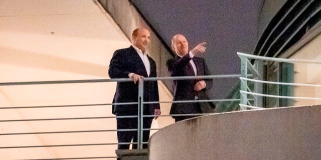 German Chancellor Olaf Scholz, right, stands next to Israeli Prime Minister Naftali Bennett on the terrace of the Federal Chancellery, in Berlin, Germany, Saturday, March 5, 2022. Bennett arrived in Berlin from Moscow after a meeting with Russian President Vladimir Putin at the Kremlin. 