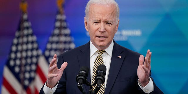 President Joe Biden speaks about additional security assistance that his administration will provide to Ukraine in the South Court Auditorium on the White House campus in Washington