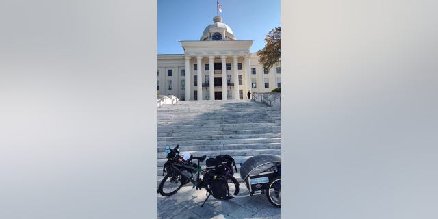 Bob Barnes' bicycle is shown parked in front of the Montgomery, Alabama, capitol building, in March 2022.