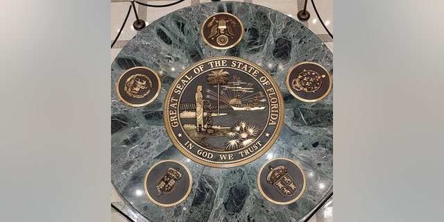 Florida's state seal on the inside of the new capitol building is shown here. 