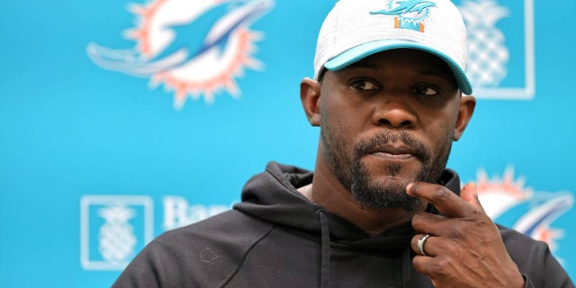 Miami Dolphins head coach Brian Flores talks to the media before practice at Baptist Health Training Complex in Hard Rock Stadium on Wednesday, Oct. 20, 2021 in Miami Gardens, Florida, in preparation for their game against the Atlanta Falcons at Hard Rock Stadium on Sunday, Oct. 24.