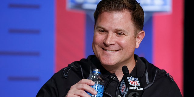 Brian Gutekunst, general manager of the Green Bay Packers, speaks to reporters during the NFL Draft Combine at the Indiana Convention Center on March 1, 2022, in Indianapolis, Indiana.