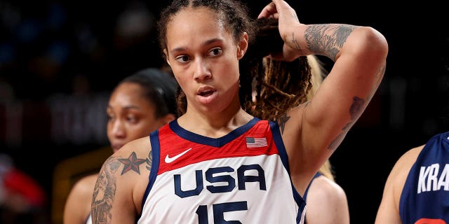 Brittney Griner of USA during the Women's Semifinal Basketball game between United States and Serbia on day fourteen of the Tokyo 2020 Olympic Games at Saitama Super Arena on Aug. 6, 2021 in Saitama, Japan