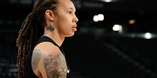 A close up shot of Brittney Griner #42 of the Phoenix Mercury at practice and media availability during the 2021 WNBA Finals on October 11, 2021 at Footprint Center in Phoenix, Arizona.