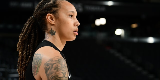 A close-up of Brittney Griner of the Phoenix Mercury at practice and media availability during the 2021 WNBA Finals Oct. 11, 2021, at Footprint Center in Phoenix.