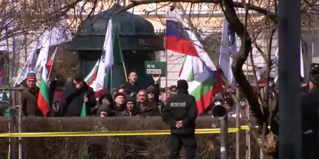 Protesters gathered as U.S. Secretary of Defense Lloyd Austin visited Slovakia and gave a press conference, Saturday, March 19, 2022.