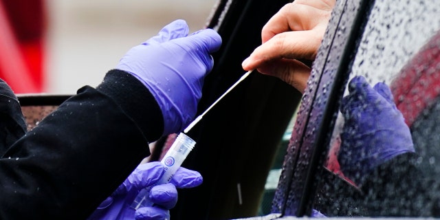 A driver pops a swab into a vial at a free drive-through COVID-19 testing site in the parking lot of Mercy Fitzgerald Hospital in Derby, Pennsylvania, Thursday, January 20, 2022. 