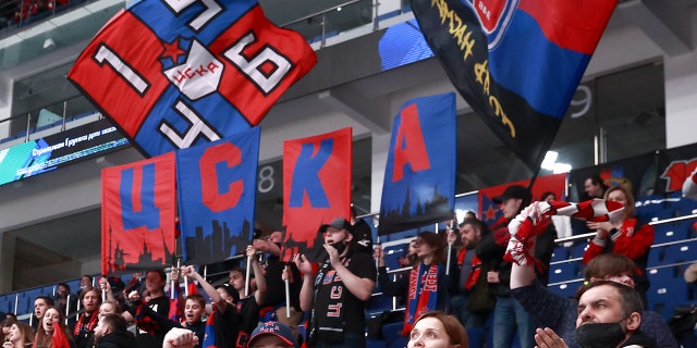 CSKA fans during Game 1 of the 2021/2022 Kontinental Hockey League Western Conference quaterfinal playoff tie between CSKA Moscow and Lokomotiv Yaroslavl at CSKA Arena March 1, 2022, in Moscow, Russia.