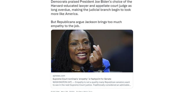 A Mar. 25 tweet from the Associated Press appears to knock Republicans for not celebrating the "empathy" of Supreme Court nominee Ketanji Brown Jackson. (Screenshot/Twitter)