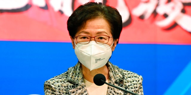 Hong Kong Chief Executive Carrie Lam speaks during a press conference at the government headquarters in Hong Kong on March 9, 2022.