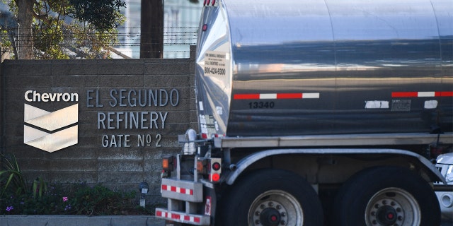 The Chevron logo is displayed as a tanker truck enters the Chevron Products Company El Segundo Refinery on Jan. 26, 2022, in El Segundo, California.