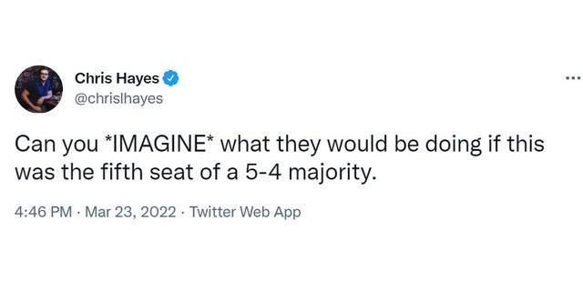 MSNBC's Chris Hayes tweet claiming Republican senators would be treating Supreme Court nominee Ketanji Brown Jackson worse if the conservative majority on the court were slimmer (Screenshot/Twitter)