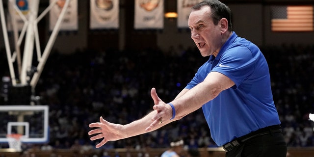 Duke coach Mike Krzyzewski directs the team during the second half of an NCAA college basketball game against North Carolina in Durham, N.C., Saturday, March 5, 2022.