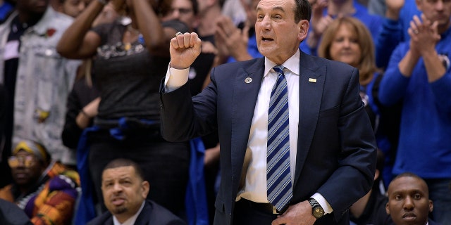 Head coach Mike Krzyzewski of the Duke Blue Devils directs his team against the North Carolina Tar Heels at Cameron Indoor Stadium March 3, 2018, in Durham, N.C. Duke won 74-64.