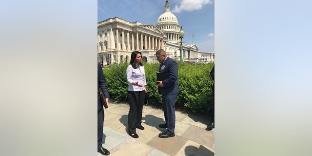 Torres, seen here with former Rep. Tulsi Gabbard at a 2018 news conference on Capitol Hill, has also been lobbying for veterans who were denied care by the VA for their burn pit exposure.