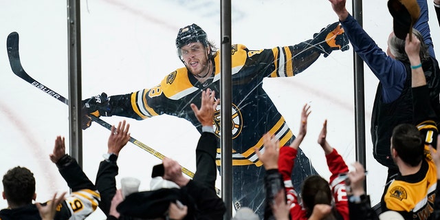 El extremo derecho de los Boston Bruins, David Pasternak (88), celebra después de su tercer gol durante el tercer período contra los Tampa Bay Lightning el 24 de marzo de 2022 en Boston.