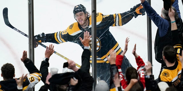 Boston Bruins right wing David Pastrnak (88) celebrates after his third goal during the third period against the Tampa Bay Lightning March 24, 2022, in Boston.