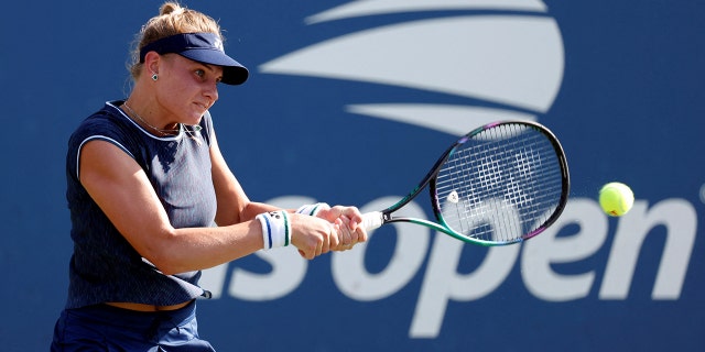 Dayana Yastremska of Ukraine in action against Angelique Kerber of Germany in a first round match on day one of the 2021 U.S. Open tennis tournament at USTA Billie King National Tennis Center.