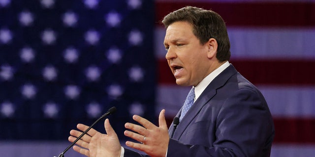 In this February 24, 2022 photo, Florida Governor Ron DeSantis makes remarks during the 2022 CPAC conference at the Rosen Shingle Creek in Orlando. 