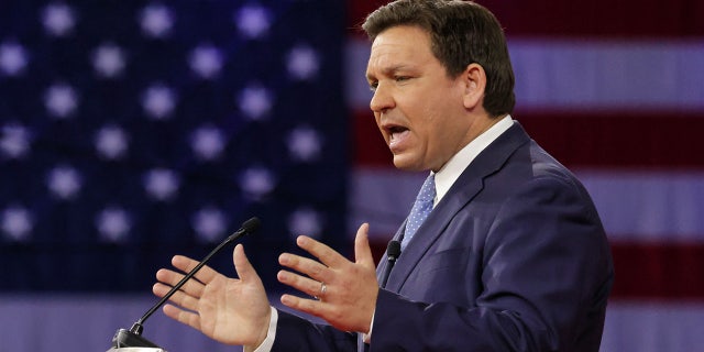 In this photo from Feb. 24, 2022, Florida Gov. Ron DeSantis delivers remarks at the 2022 CPAC conference at the Rosen Shingle Creek in Orlando. (Joe Burbank/Orlando Sentinel/Tribune News Service via Getty Images)