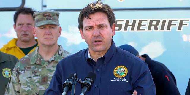 Florida Governor Ron DeSantis speaks about the firefighting effort and available assistance for Bay County during a press conference on March 6, 2022, in Panama City, Florida.