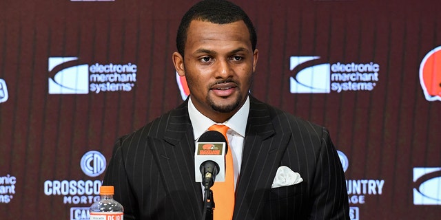 Quarterback Deshaun Watson of the Cleveland Browns speaks during his press conference as the Cleveland Browns introduce him March 25, 2022 at the CrossCountry Mortgage Campus in Berea, Ohio.