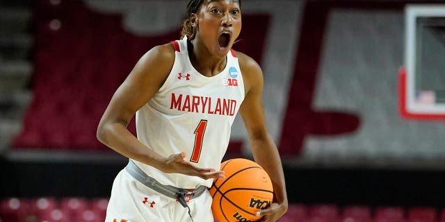 Maryland guard Diamond Miller reacts after a play against Florida Gulf Coast during the first half of a college basketball game in the second round of the NCAA tournament, Sunday, March 20, 2022, in College Park, Md.