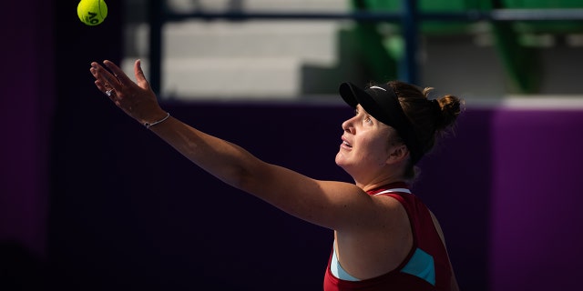 Elina Svitolina from Ukraine in action against Tereza Martintsova from the Czech Republic during her match from the first round of the Qatar TotalEnergies Open at the Khalifa International Tennis & Squash Complex on February 21, 2022 in Doha, Qatar.