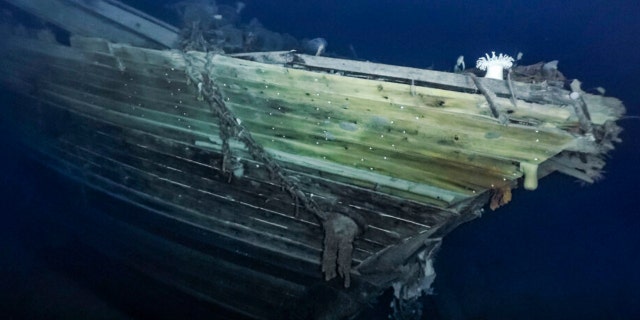 In this photo issued by Falklands Maritime Heritage Trust, a view of the bow of the wreck of Endurance, polar explorer's Ernest Shackleton's ship.