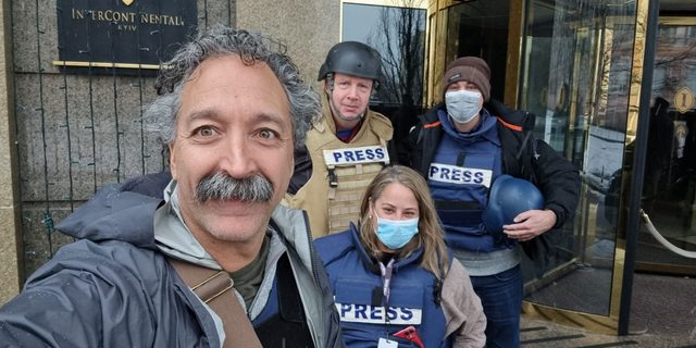 Fox News cameraman Pierre Zakrzewski, left, is photographed with correspondent Steve Harrigan, second from left, and senior field producers Yonat Frilling, second from right, and Ibrahim Hazboun, right, in Kyiv, Ukraine.