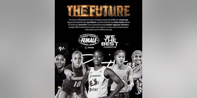 WNBA star Jewell Loyd, middle, launched The Future of Basketball is Female campaign. Juju Watkins, far left, Hailey Van Lith, left of Loyd, Isabella 'Jiggy Izzy' Escribano, right of Loyd, and Jamad Fiin joined her.