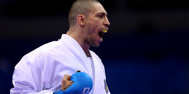 Stanislav Horuna of Ukraine reacts in his men's 75kg karate Group B match during Day 10 of the second European Games at Chizhovka Arena June 30, 2019, in Minsk, Belarus.