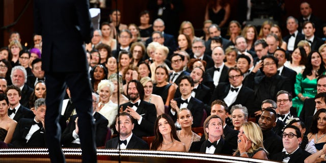In this handout photo provided by AMPAS Leonardo DiCaprio, Brie Larson, Brad Pitt, Kathy Bates and Mahershala Ali sit in the audience during the 92nd Annual Academy Awards at the Dolby Theater on Feb. 9, 2020 in Hollywood, California.